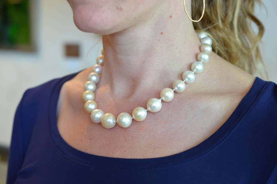 Large Fresh Water Pearl Necklace in Light Peachy Pink and Silver Hues Gold Clasp