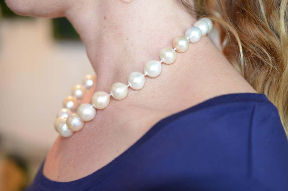 Large Fresh Water Pearl Necklace in Light Peachy Pink and Silver Hues Gold Clasp