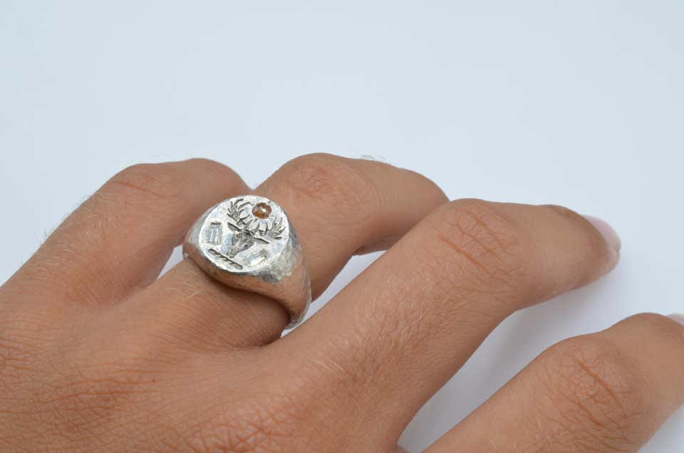 Deer Head Signet Diamond Baguette Rose Cut Sterling Silver Hammer Texture Ring