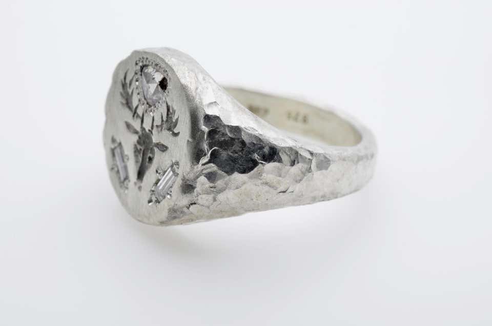 Men’s Signet Silver Ring Dear Head Engraved Trillion and Baguette Diamond
