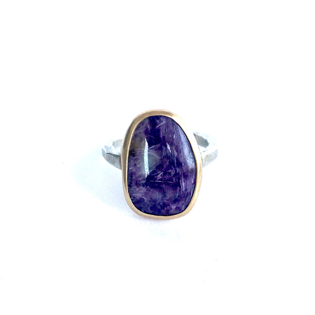 Large Amethyst Matrix Ring in Gold Bezel and Hammered Silver Band