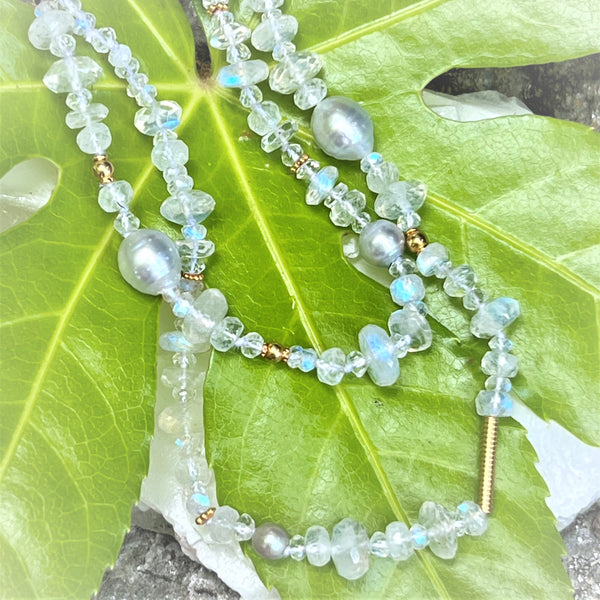 Moonstones South Sea Pearls and Bright Gold Accent Necklace