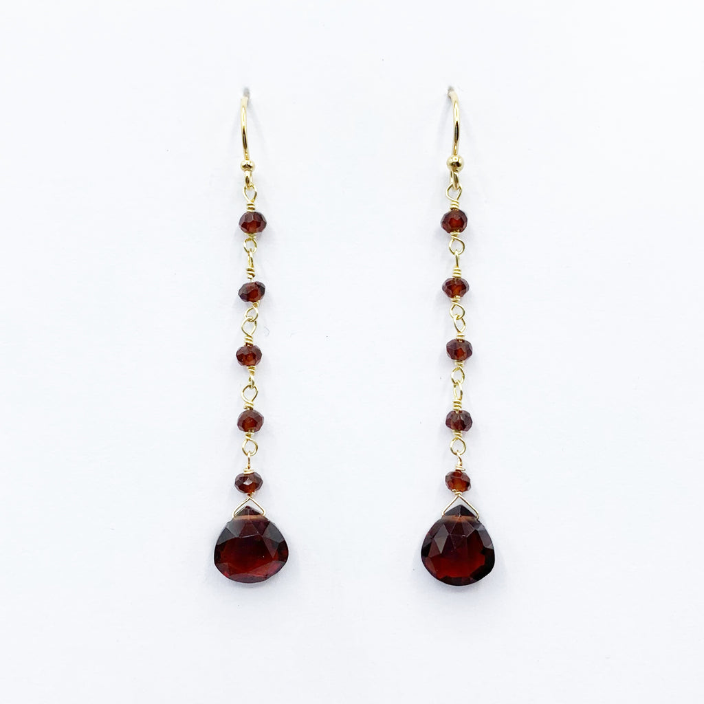 Garnet Drop Earrings Gold Filled with Beaded Chain