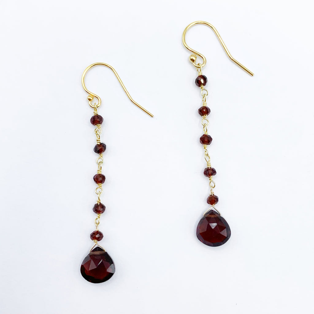 Garnet Drop Earrings Gold Filled with Beaded Chain