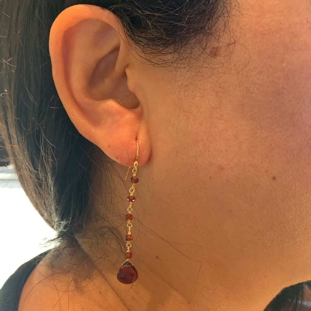 Garnet Drop Earrings Gold Filled with Beaded Chain