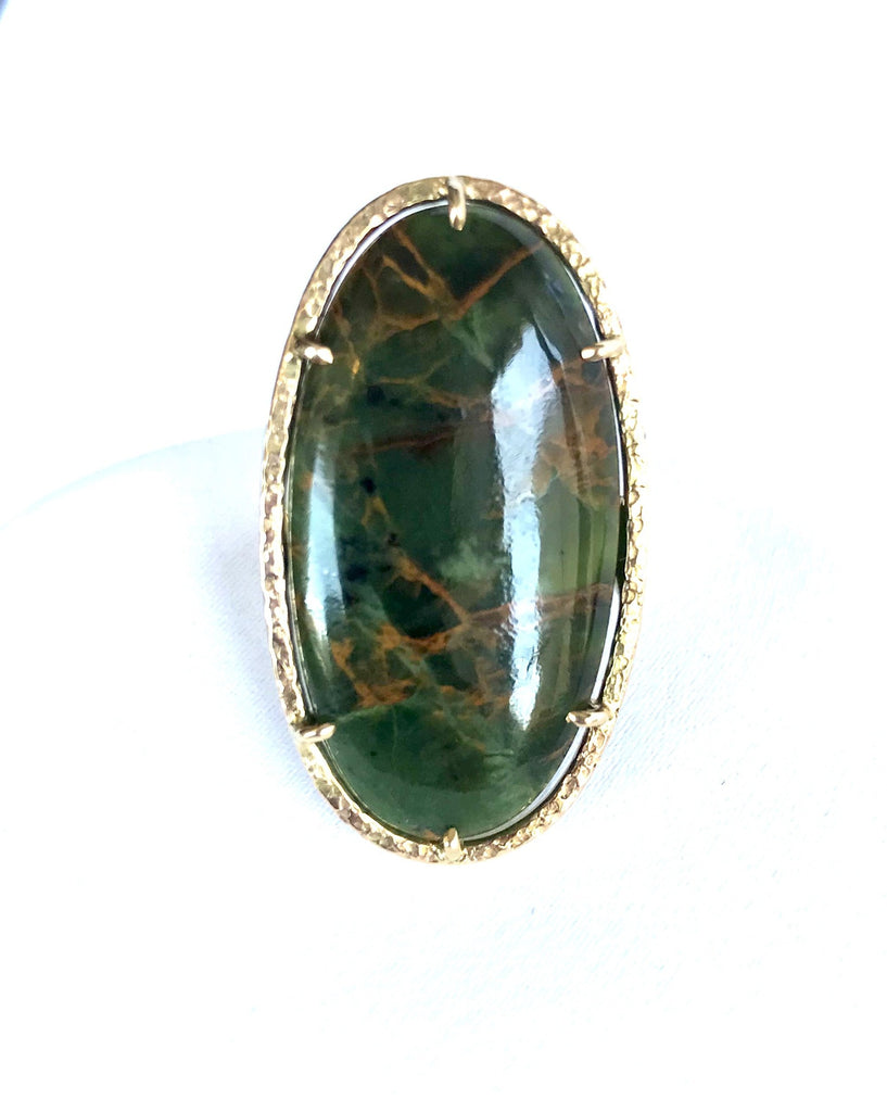 Large Oval Green Chrysoprase Ring In 14K Hammered Yellow Gold