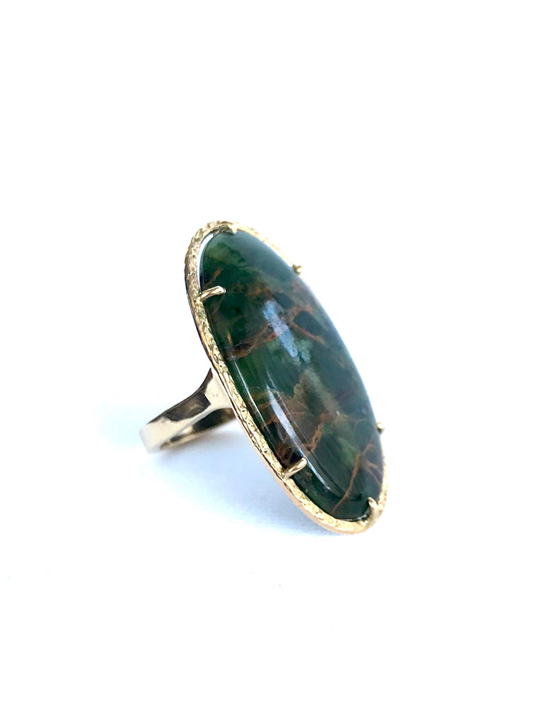 Large Oval Green Chrysoprase Ring In 14K Hammered Yellow Gold