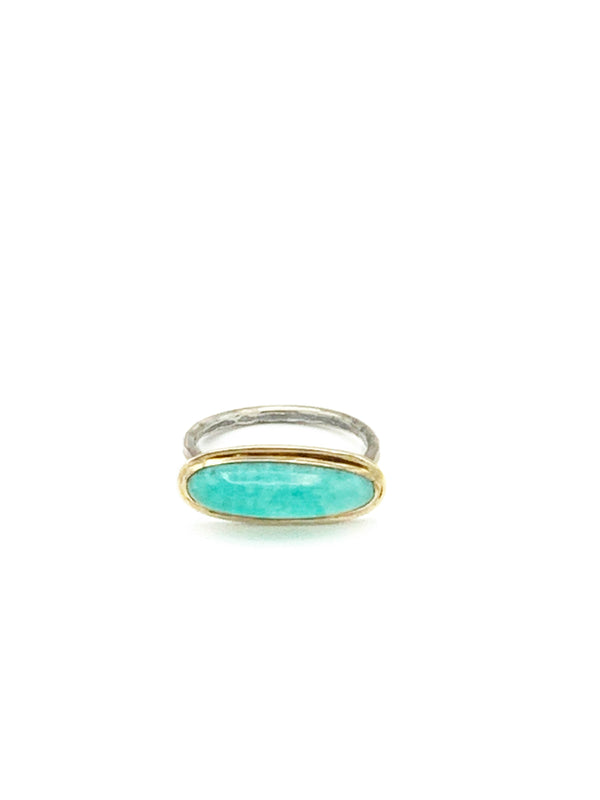 Elongated  Amazonite Ring in 14k Gold and Hammered Silver