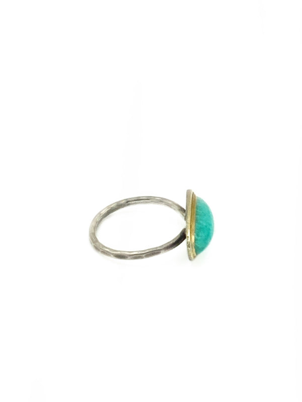 Elongated  Amazonite Ring in 14k Gold and Hammered Silver