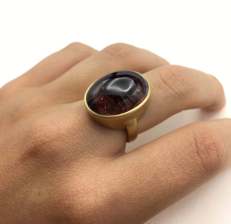 Large Cabochon Rubelite Tourmaline and 18 Karat Gold Ring