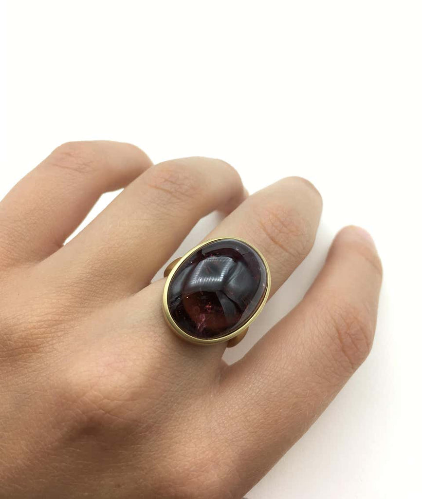 Large Cabochon Rubelite Tourmaline and 18 Karat Gold Ring