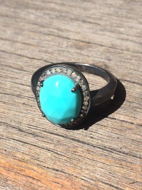 Turquoise and Diamond Oxidized Sterling Silver Ring