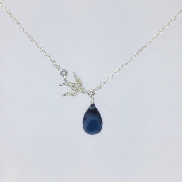 Sterling Silver Necklace With Blue Topaz Briolette and Diamond Bird