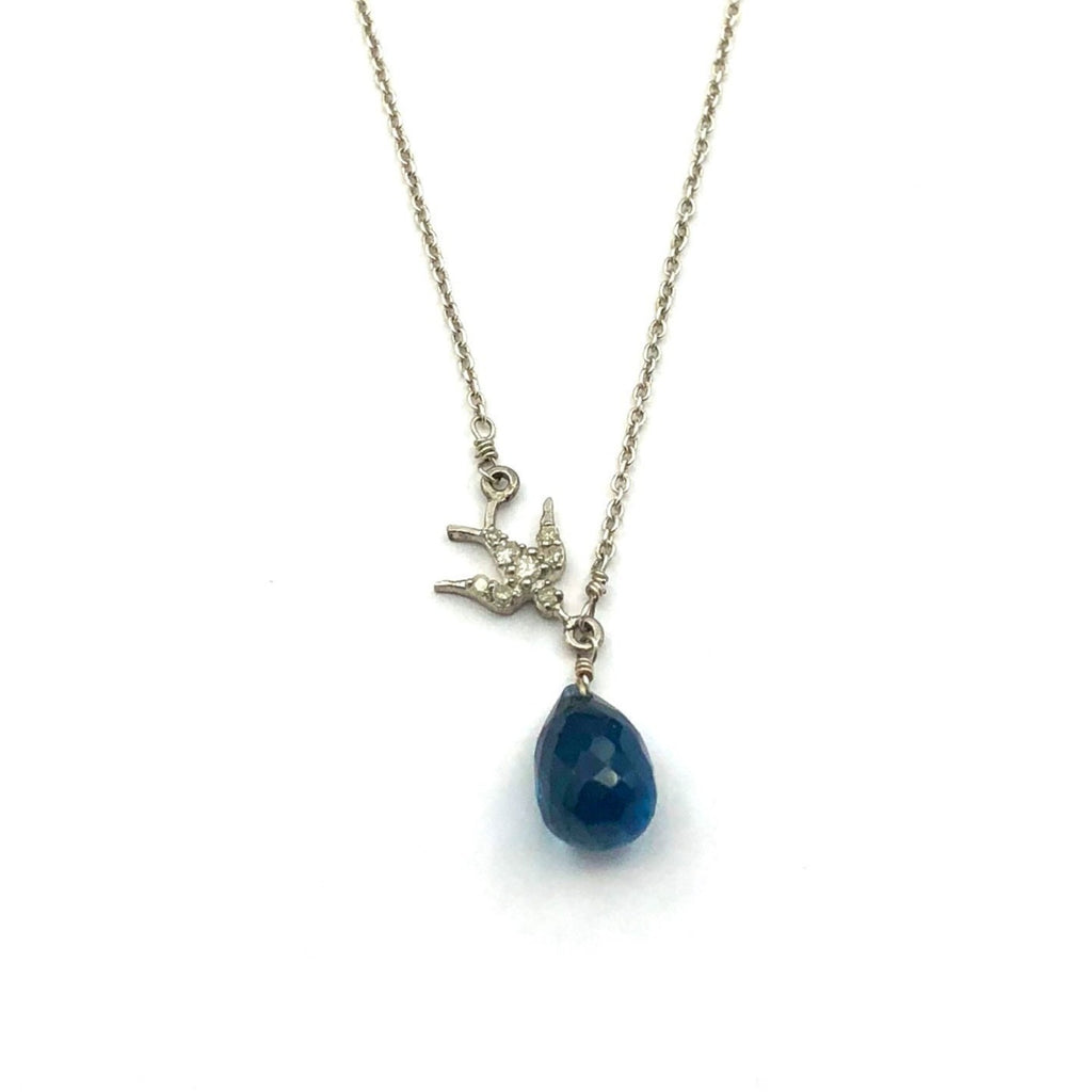 Sterling Silver Necklace With Blue Topaz Briolette and Diamond Bird
