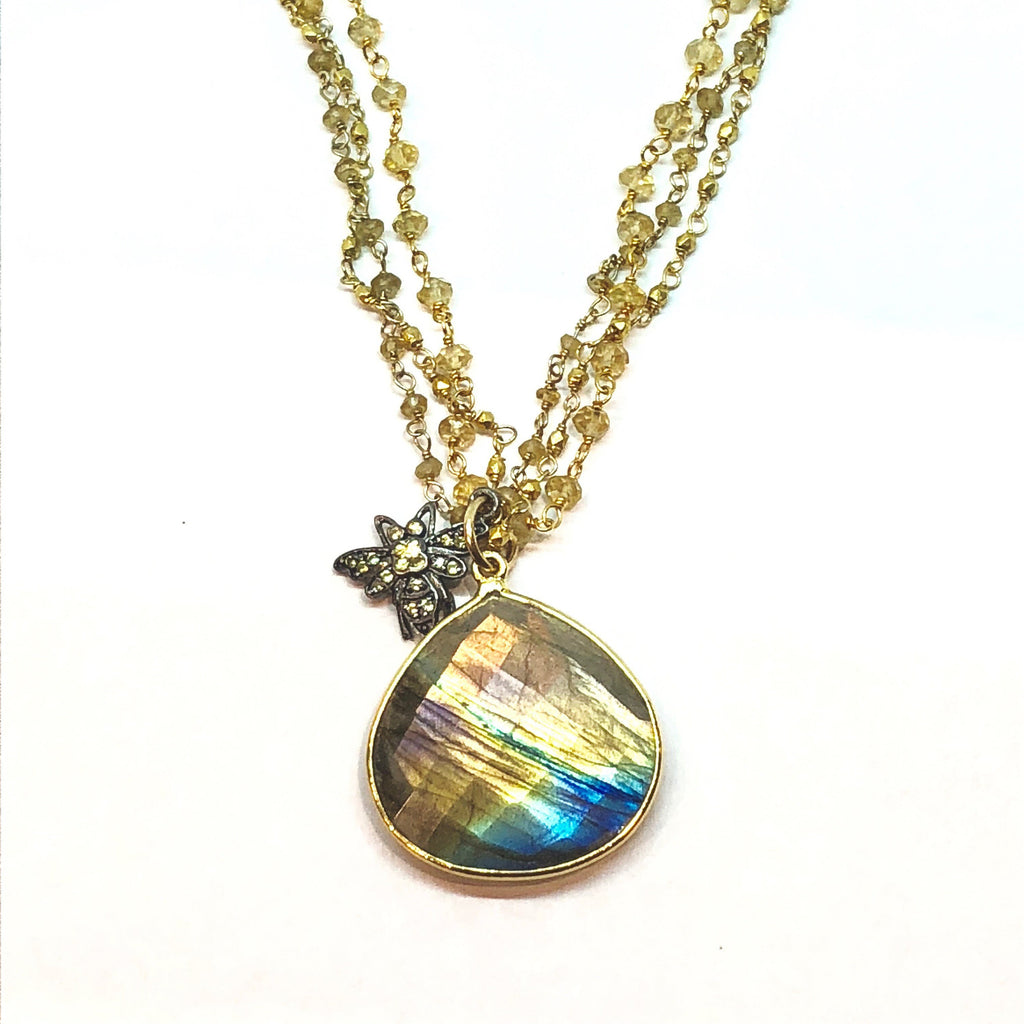 Gold Plated Citrine, Yellow Sapphire Bee and Labradorite Pendant
