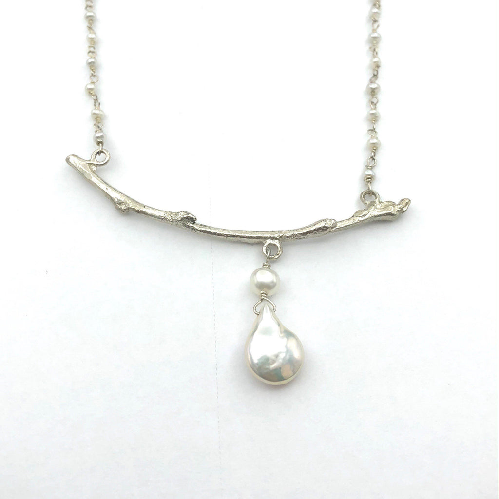 Silver Branch with Beaded Pearls on Chain Necklace