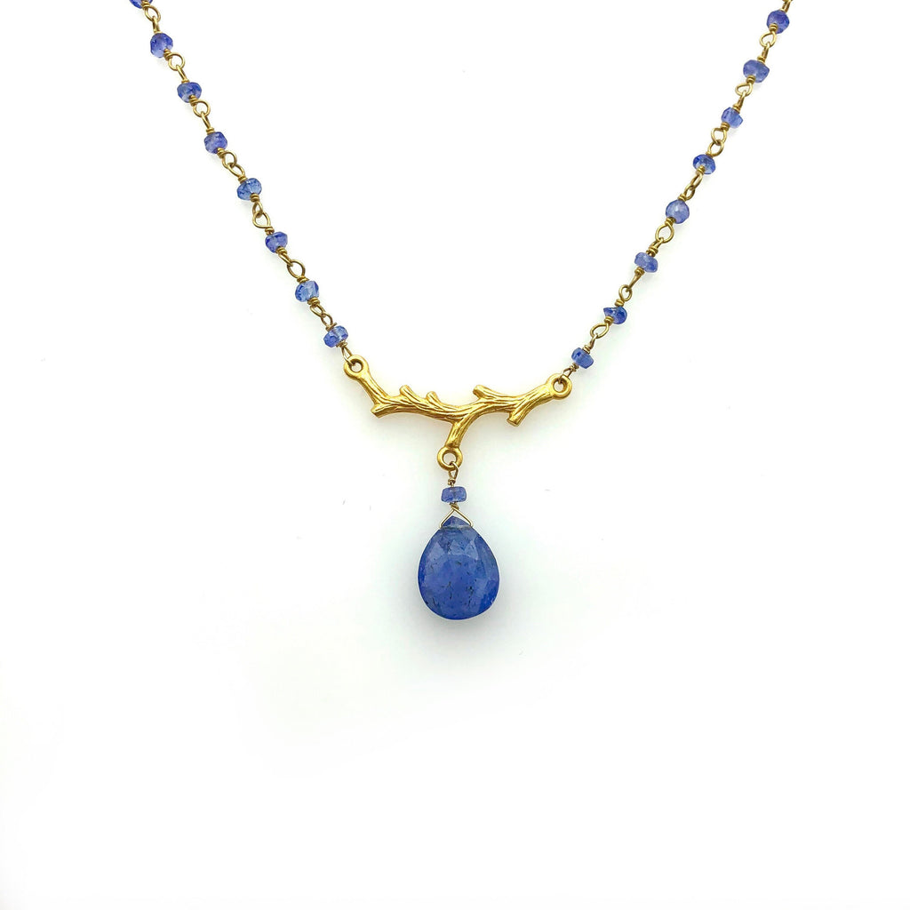 Tanzanite Beaded Gold Plated Necklace with Tanzanite Briolette