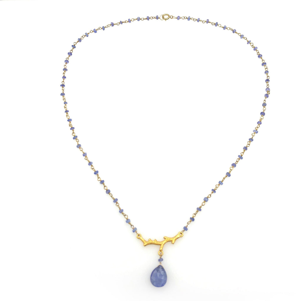 Tanzanite Beaded Gold Plated Necklace with Tanzanite Briolette