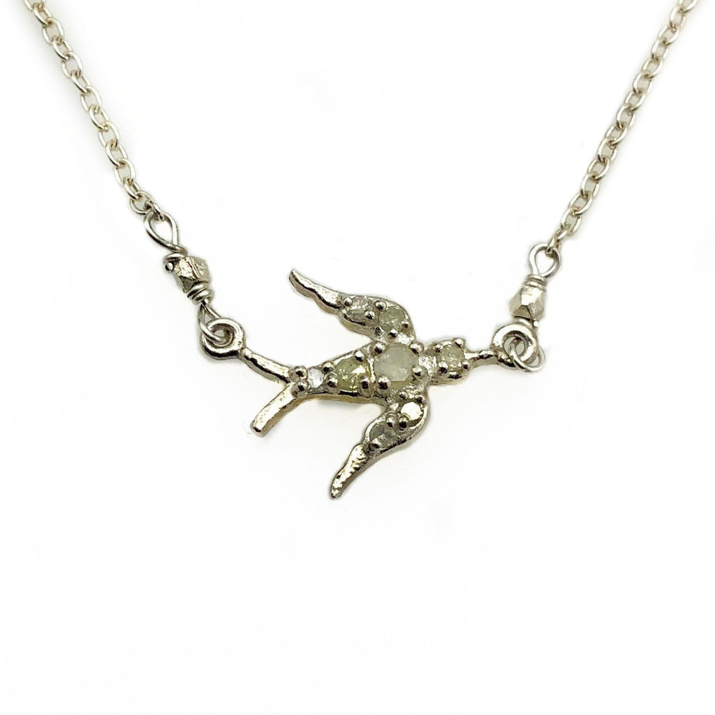 Diamond Encrusted Sterling Silver Bird Pendant Necklace