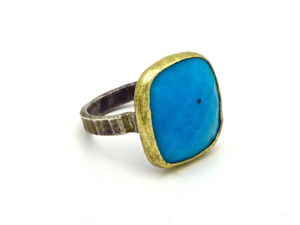 Natural Turquoise Cocktail Ring 14k Gold Bezel Sterling Silver Band