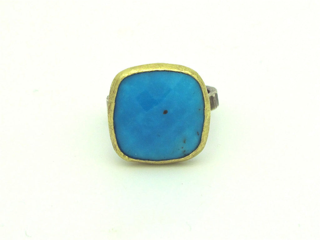 Natural Turquoise Cocktail Ring 14k Gold Bezel Sterling Silver Band
