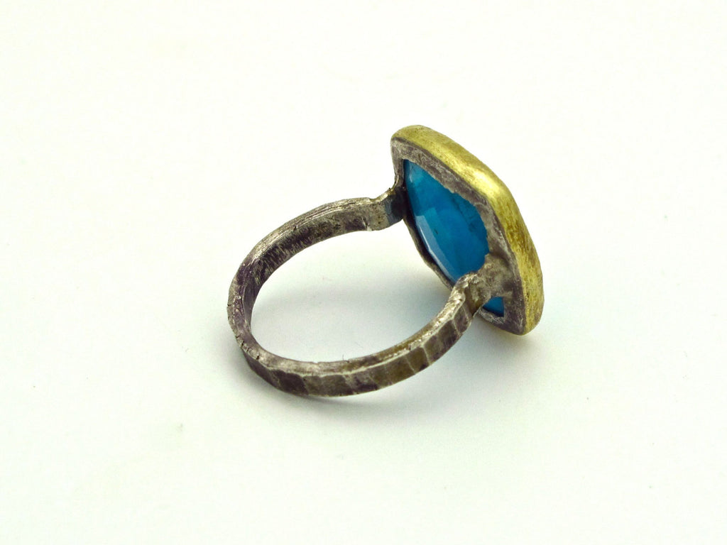 Natural Turquoise Cocktail Ring 14k Gold Bezel Sterling Silver Band