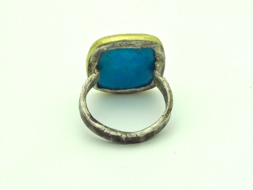 Natural Turquoise Cocktail Ring 14k Gold Bezel Sterling Silver Band