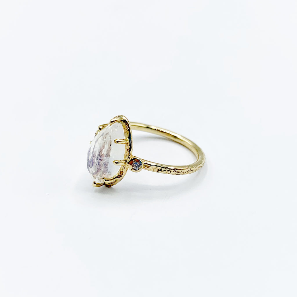 Rose Cut Moonstone Set in 14 Karat Yellow Gold with 2 Diamonds