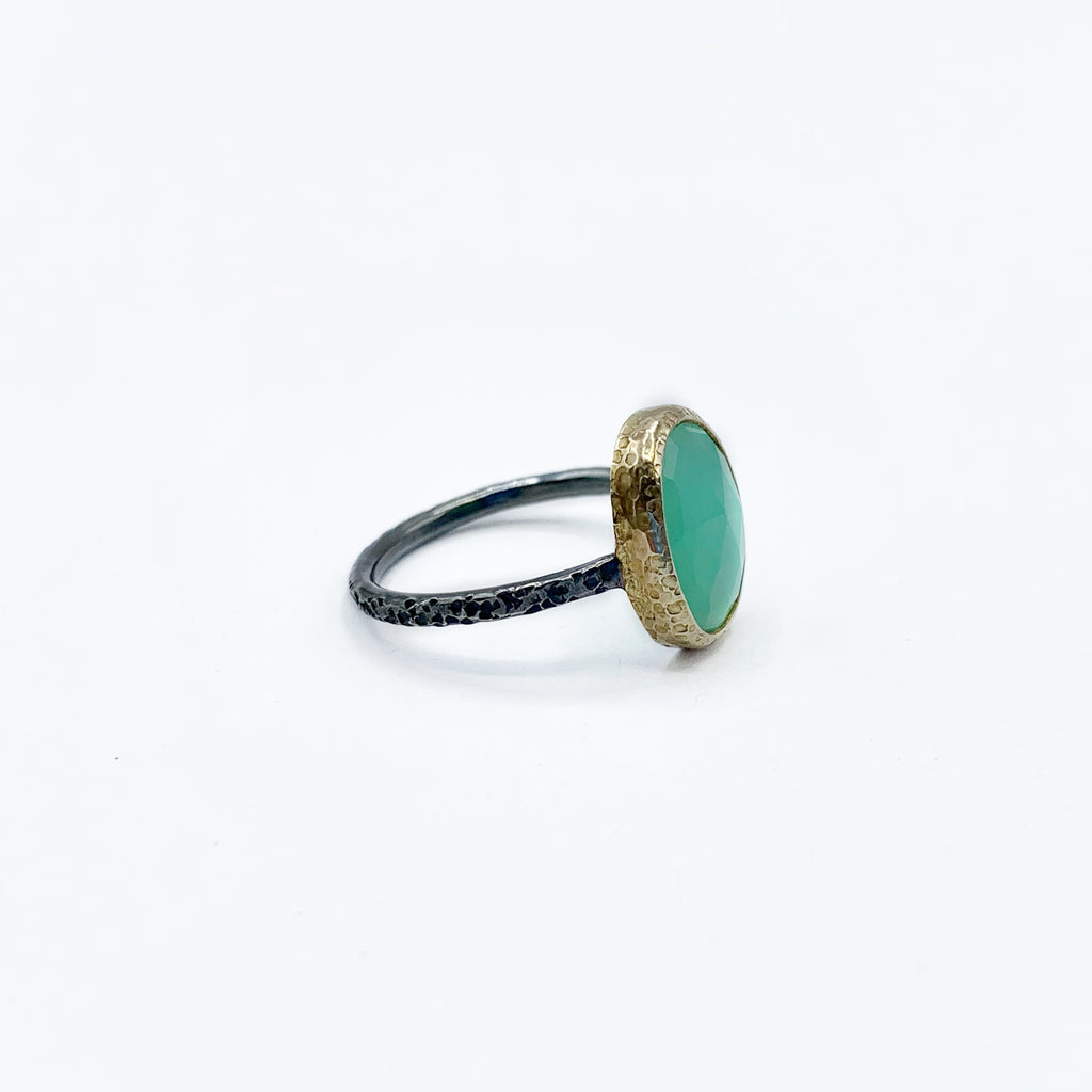 Sterling Silver and Gold Opal Chrysoprase Hammered Ring