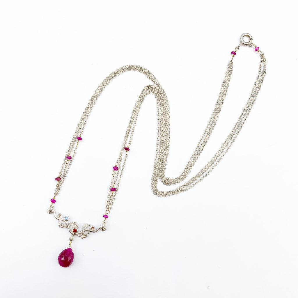 Sterling Silver Branch with Diamonds and Ruby with Ruby Beads