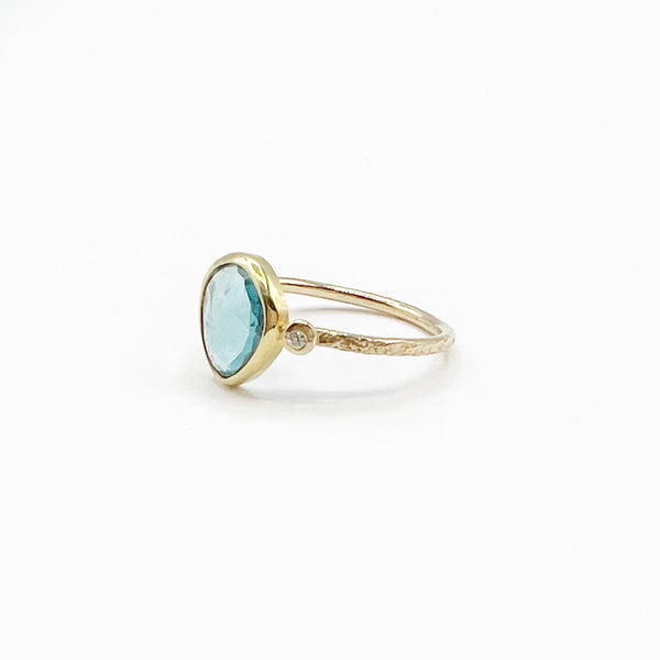Pear Tourmaline and Diamond 14 Karat Yellow Gold Hammered Ring
