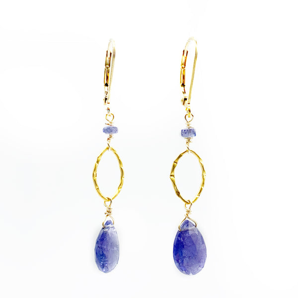 Tanzanite Drops on Gold Vermeil Hammered Oval On 14K Gold Filled Wire Earrings
