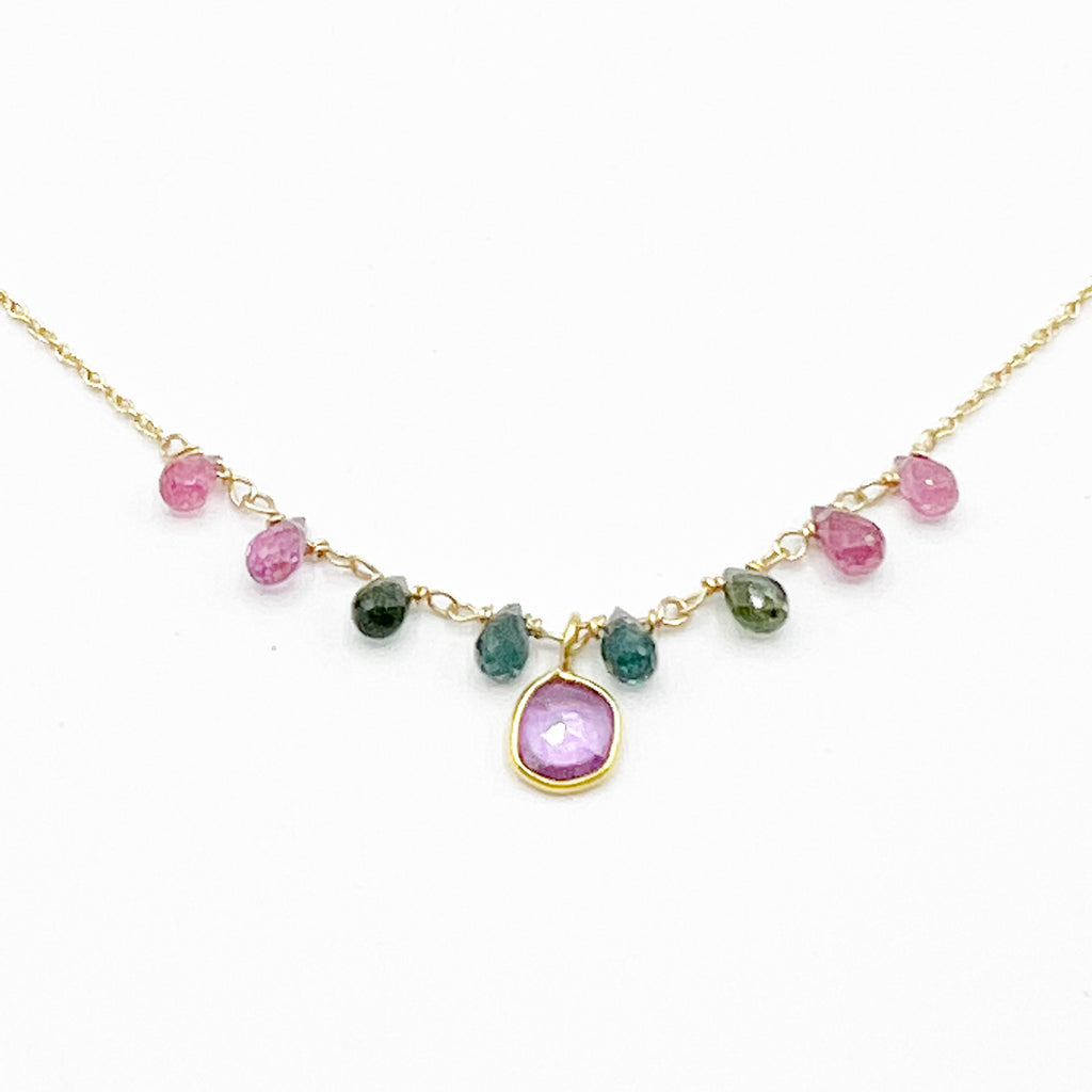 Tourmaline Drops w/ Pink Sapphire Pendant 14 Karat Yellow Gold Chain Necklace