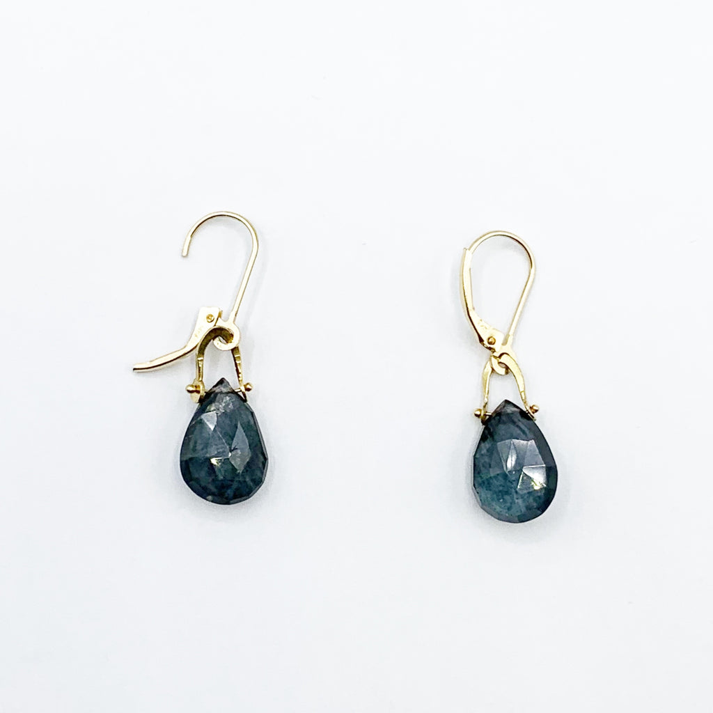 Moss Aqua Drops on 14 Karat Yellow Gold Wire Earrings