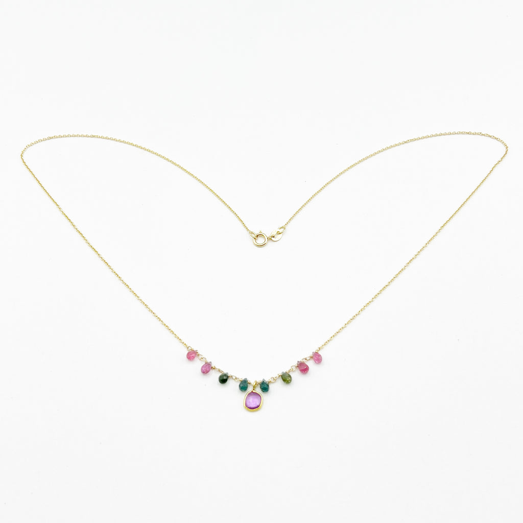 Tourmaline Drops w/ Pink Sapphire Pendant 14 Karat Yellow Gold Chain Necklace