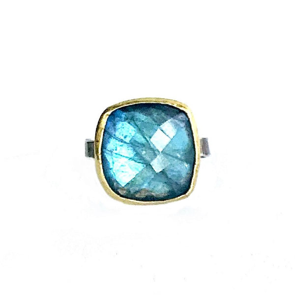 Large Faceted Cushion Labradorite Ring w/ 14k Gold Bezel & Oxidized Sterling Silver Band