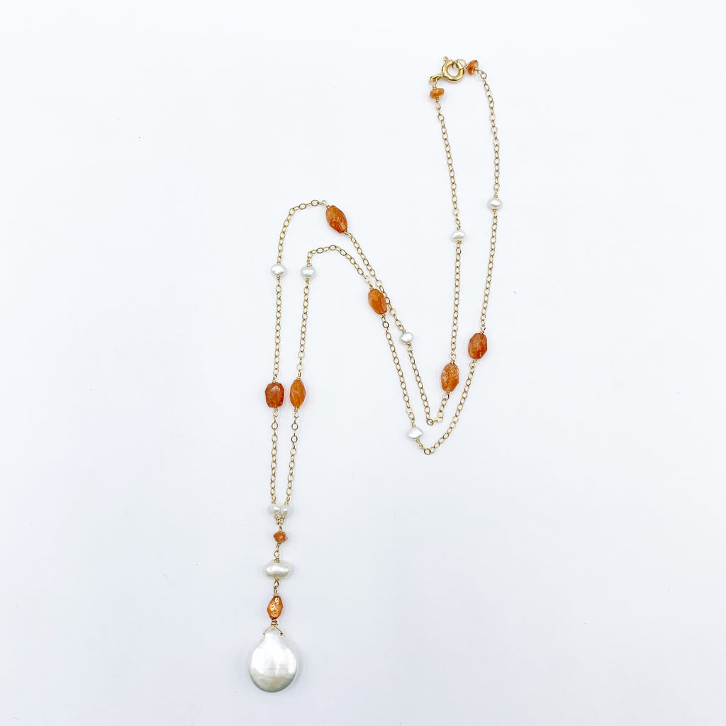 Yellow Gold Filled with Pearls and Oval Sunstones Necklace