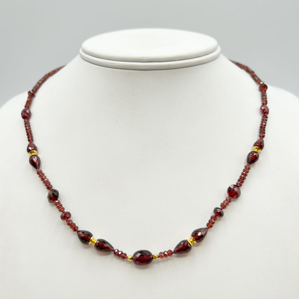 Red Garnet Beaded Necklace with Bright 18K Gold Accents