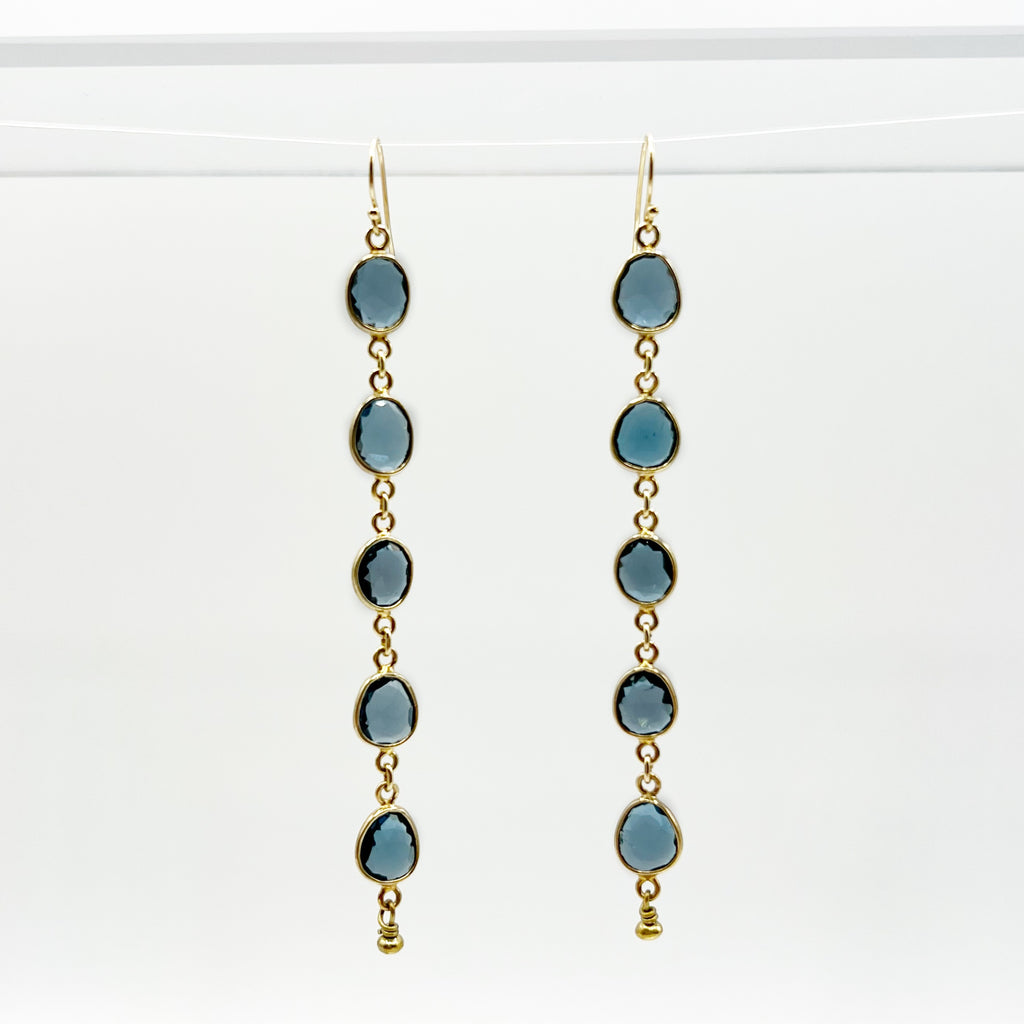 Yellow Gold Plated Oval Blue Topaz Drop Earrings