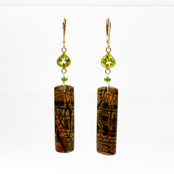Agate Rectangles and Peridot Bezel Set on Gold Filled Wire Earrings