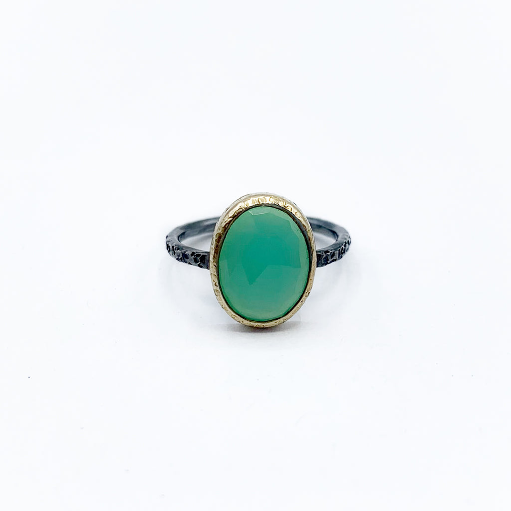 Sterling Silver and Gold Chrysoprase Hammered Ring