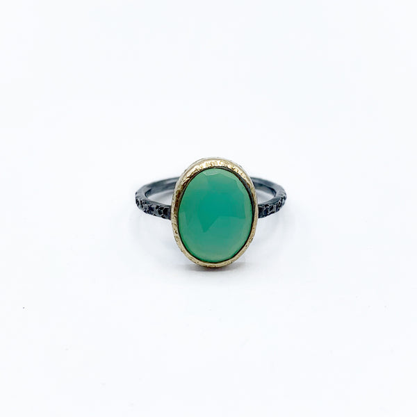 Sterling Silver and Gold Opal Chrysoprase Hammered Ring
