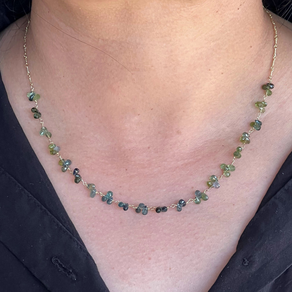 Green Tourmaline Cluster Necklace with Gold Chain and clasp