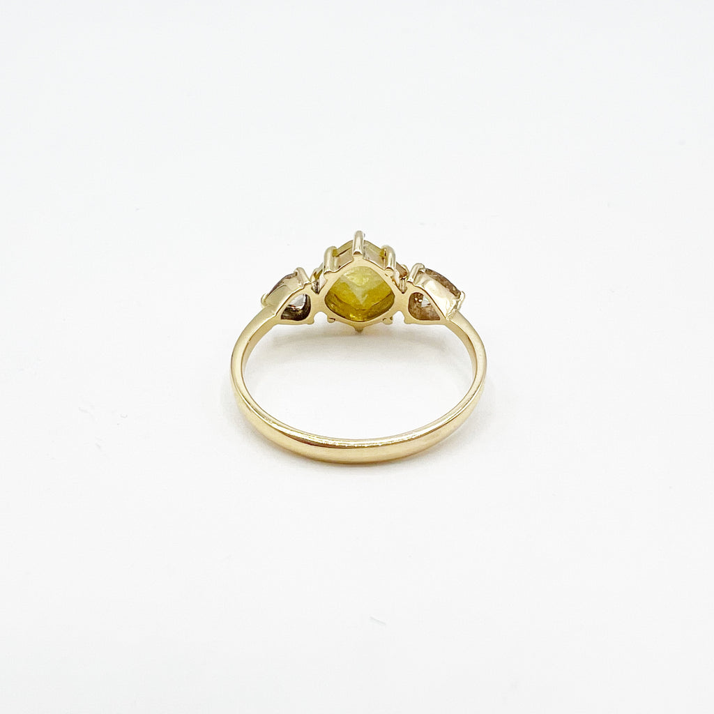 Rose Cut Yellow Faceted Three Stone Diamond Engagement Ring