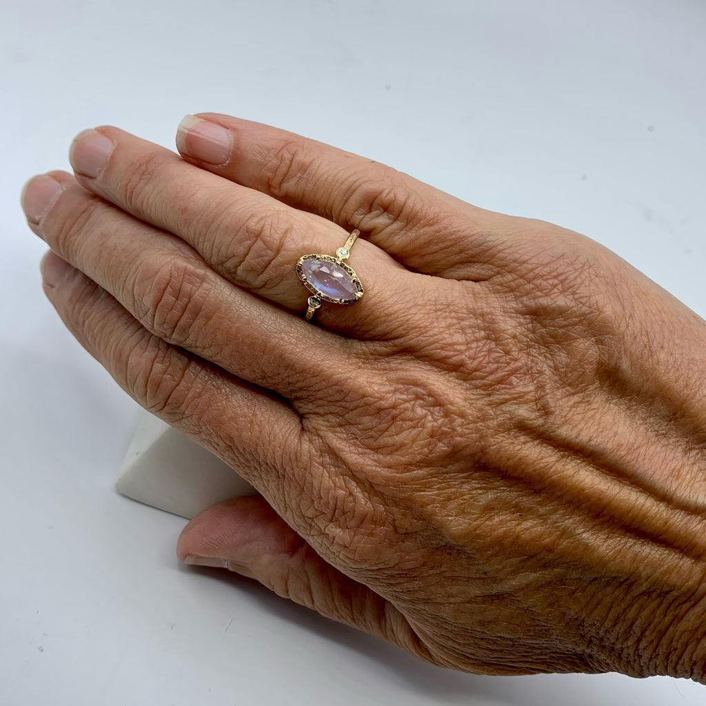 Rose Cut Moonstone Set in 14 Karat Yellow Gold with 2 Diamonds