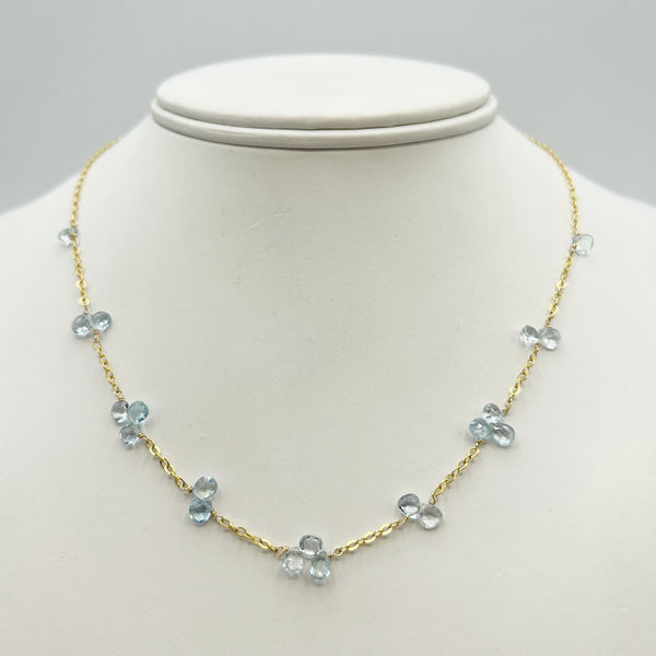Aquamarine Briolette Beaded Necklace on a Golden Chain