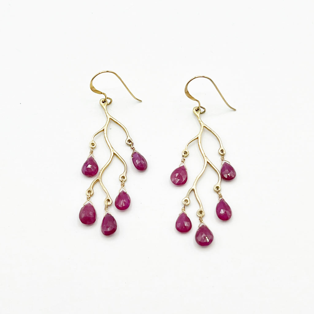 Gold Branch Earrings with Ruby Briolettes