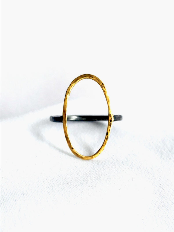 Gold Hammered 0 Ring with Oxidized Sterling Silver Band