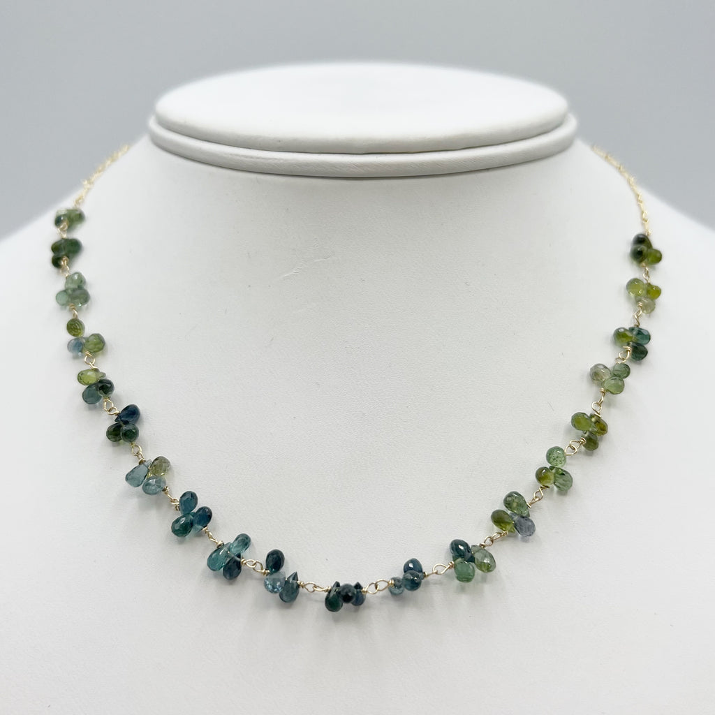 Green Tourmaline Cluster Necklace with Gold Chain and clasp