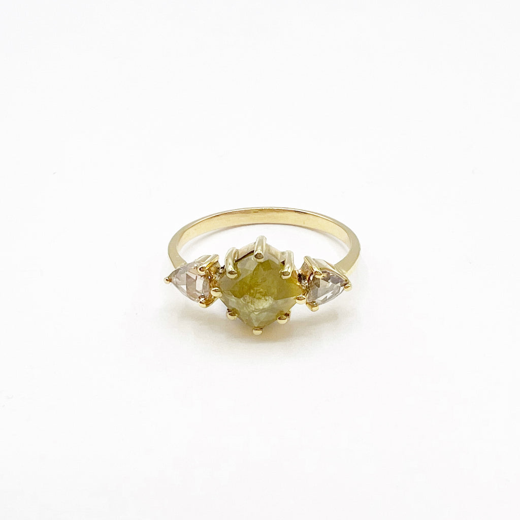 Rose Cut Yellow Faceted Three Stone Diamond Engagement Ring